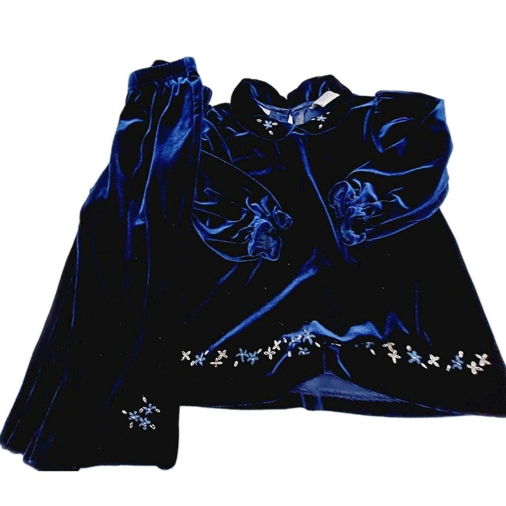 N Kids Girls Velvet Outfit Size 24 Shirt and Pants Set Dark Blue